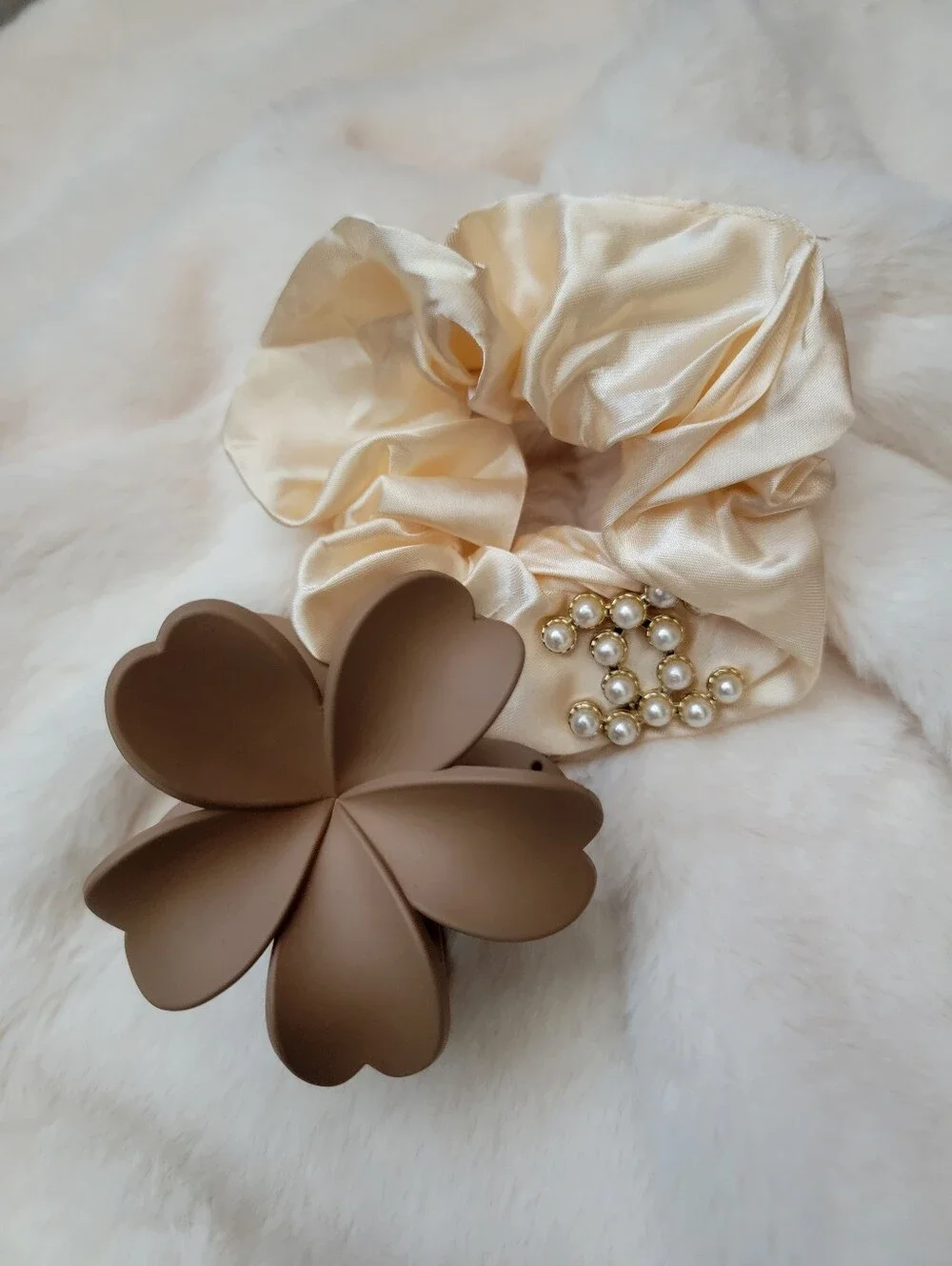 2pcs Pearl-Accent Cream Satin Scrunchie & Brown Flower Hair Clip Set